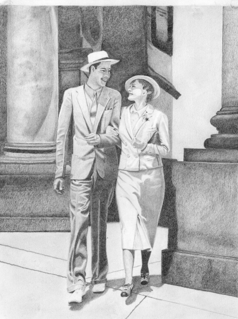 Pencil Illustration done of a couple walking, smiling and looking at each other.